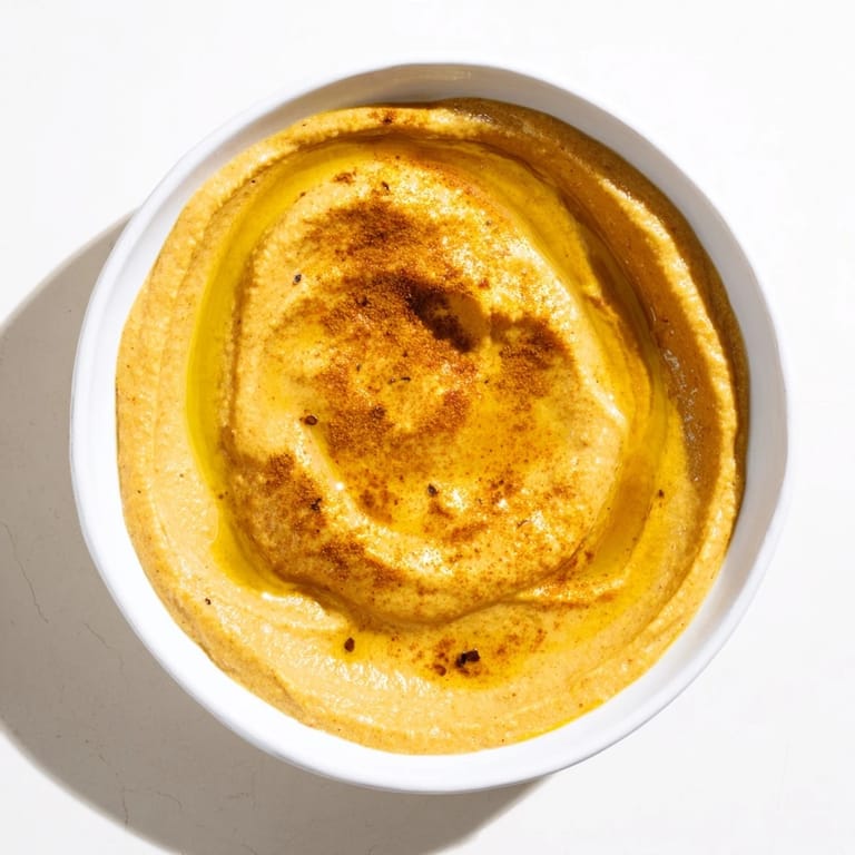 A food processor blending chickpeas, tahini, and aromatic spices into a smooth, golden curry paste for an easy vegan snack or spread.