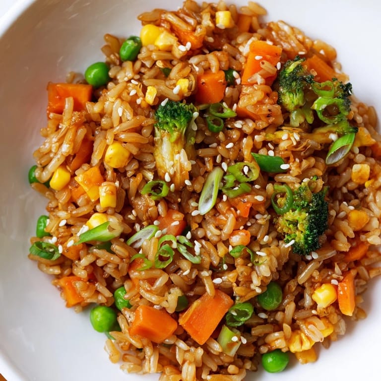 A close-up of fluffy vegetable fried rice with crunchy broccoli and bell peppers, topped with sesame seeds for extra texture.  