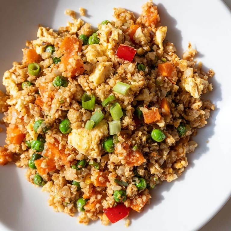 Wok-tossed Cauliflower Fried Rice featuring tender riced cauliflower, carrots, peas, and red bell pepper for a low-carb meal.