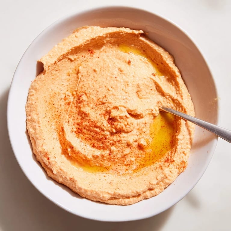 Creamy roasted red pepper hummus served in a shallow dish, garnished with a swirl of olive oil and a pinch of smoked paprika, perfect for dipping with veggies.