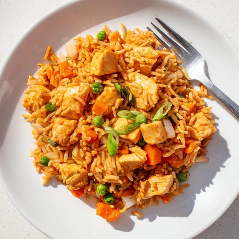 Hearty Butter Chicken Fried Rice stir-fry with peas, carrots, and fluffy grains in a colorful bowl.  