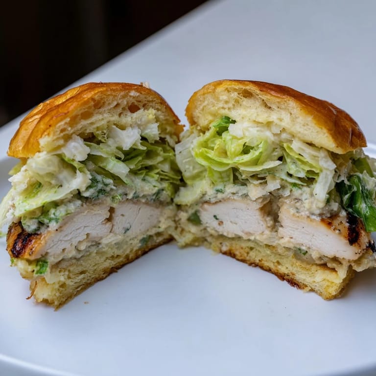 Close-up of a Caesar Chicken Sandwich showing layered ingredients, drizzled dressing, and a side of sweet potato fries.
