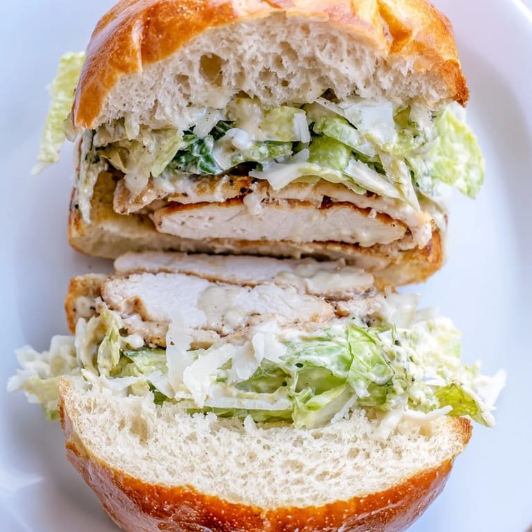 Grilled Caesar Chicken Sandwich with melted Parmesan and fresh romaine lettuce on a golden, buttery brioche bun.  
