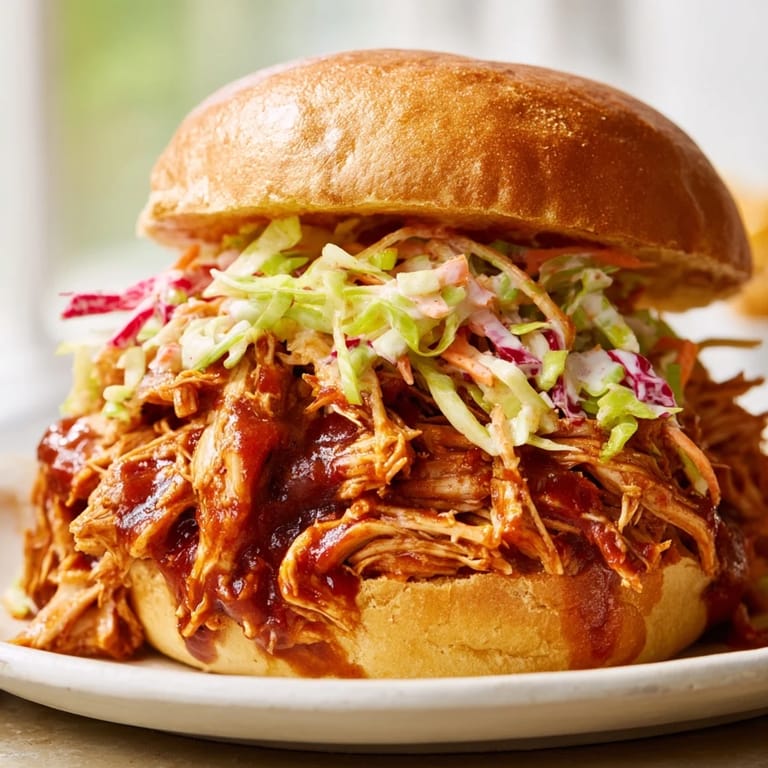 Freshly made coleslaw adds a crunchy, cool contrast to the warm, saucy pulled chicken sandwich.