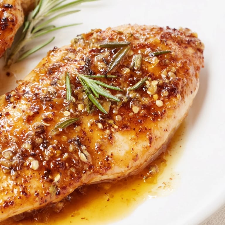 Close-up of glazed chicken thighs in honey Dijon sauce, paired with roasted vegetables and fresh herbs for dinner.