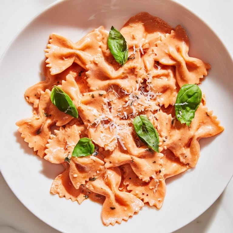 Overhead view of vibrant Tomato Basil Bowtie Pasta, with golden bowties coated in silky tomato cream sauce and scattered basil leaves.