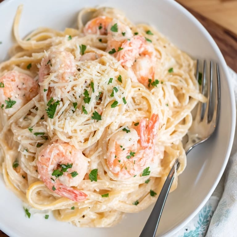 Ready to serve, Creamy Garlic Shrimp Pasta shines with melted Parmesan and a final sprinkle of vibrant green parsley.