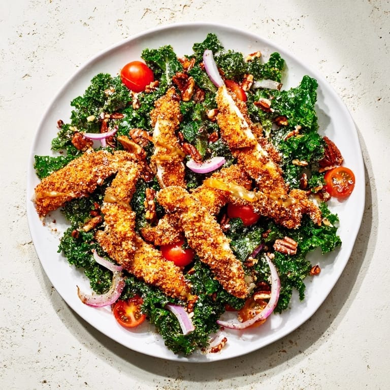 Hearty Crispy Chicken Kale Salad served as a main dish, featuring golden-brown chicken atop massaged kale.  