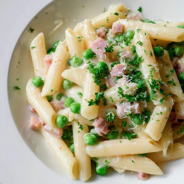 A close-up of Spring Pea & Ham Pasta with steam rising, fresh parsley, and extra Parmesan on top.