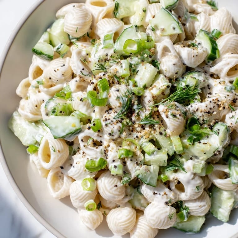 Chilled Cucumber Crunch Pasta Salad featuring tender shells, vibrant green onions, and a tangy sour cream sauce ready for summer picnics.  