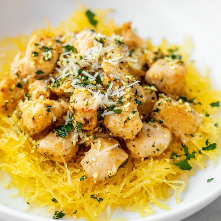 Juicy pieces of seasoned chicken, infused with garlic and lemon, rest atop fresh spaghetti squash in this vibrant gluten-free dinner.  