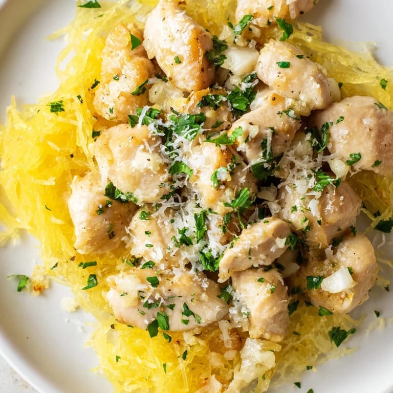 A close-up view shows lemon zest and fresh parsley garnishing the Lemon Garlic Chicken Spaghetti Squash, with a glass of white wine.