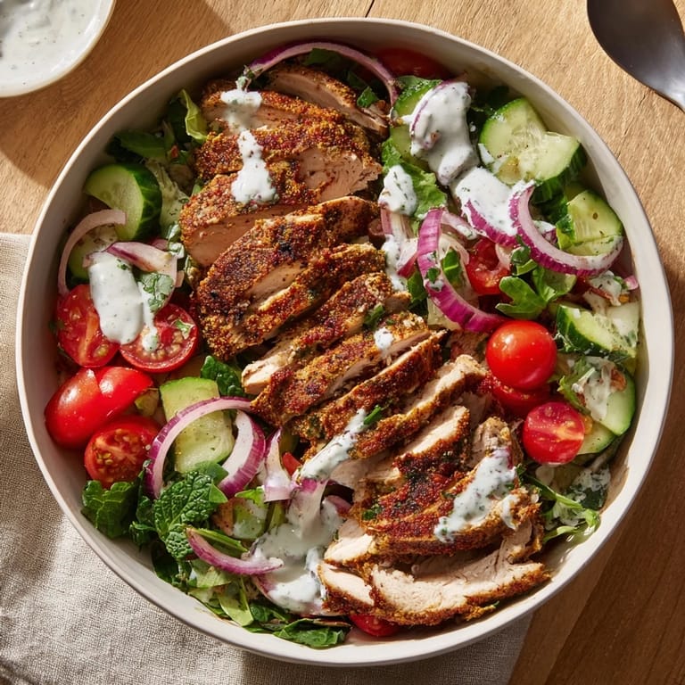 Vibrant Chicken Shawarma Salad Bowl with juicy marinated chicken, bright cherry tomatoes, crunchy cucumbers, and fresh parsley tossed with a zesty garlic yogurt dressing.  