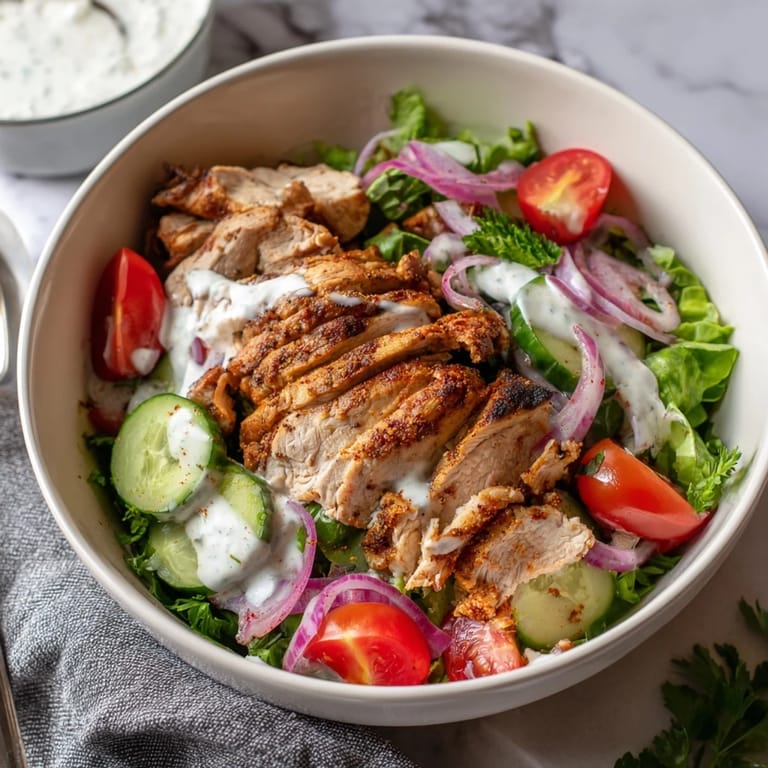 Colorful Chicken Shawarma Salad Bowl topped with golden grilled chicken, crisp romaine, fresh herbs, and a creamy garlic sauce, served for a healthy lunch.