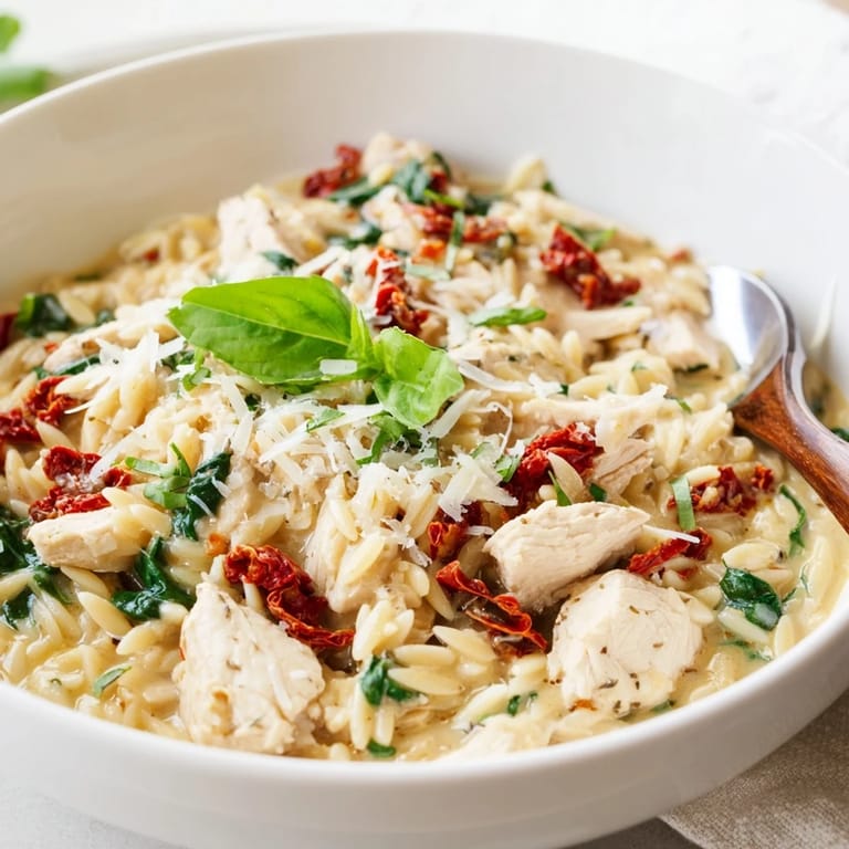A close-up of creamy Tuscan Chicken Orzo, featuring tender orzo pasta, chicken, and vibrant red sun-dried tomatoes.