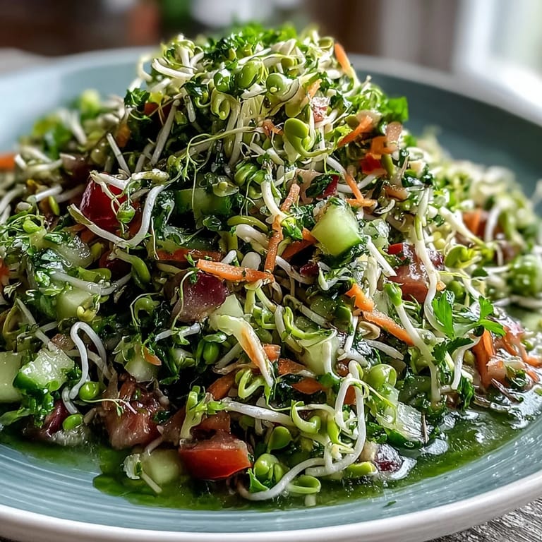 Glistening sprouted seed salad, a light and crunchy vegan dish ready to serve.