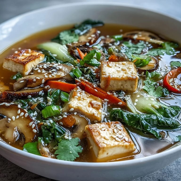 Hearty tofu and vegetable soup, showcasing colorful veggies and delicate silken tofu.