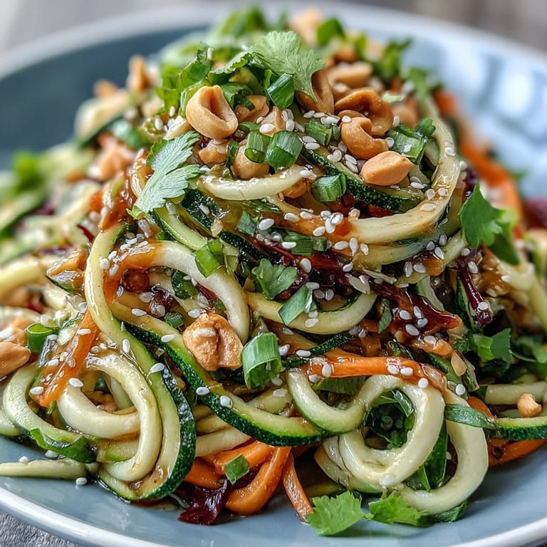 A vibrant Raw Vegetable Noodle Salad garnished with sesame seeds and cilantro, served as a light vegan lunch.