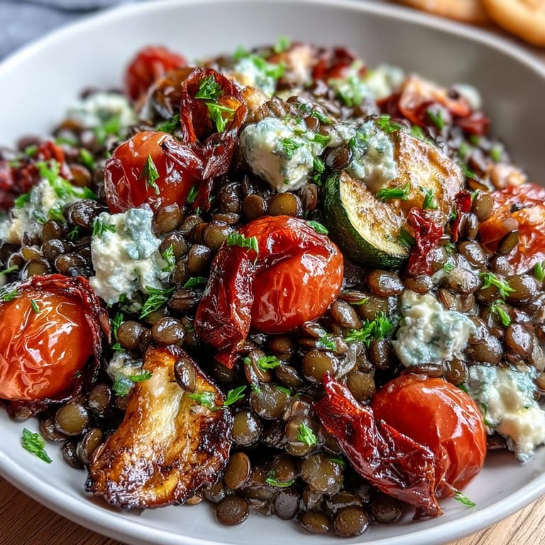 Hearty Black Lentil Salad, showcasing tender lentils and sweet caramelized roasted vegetables.