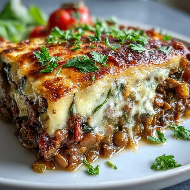Savory green lentil and vegetable casserole bubbling hot from the oven.