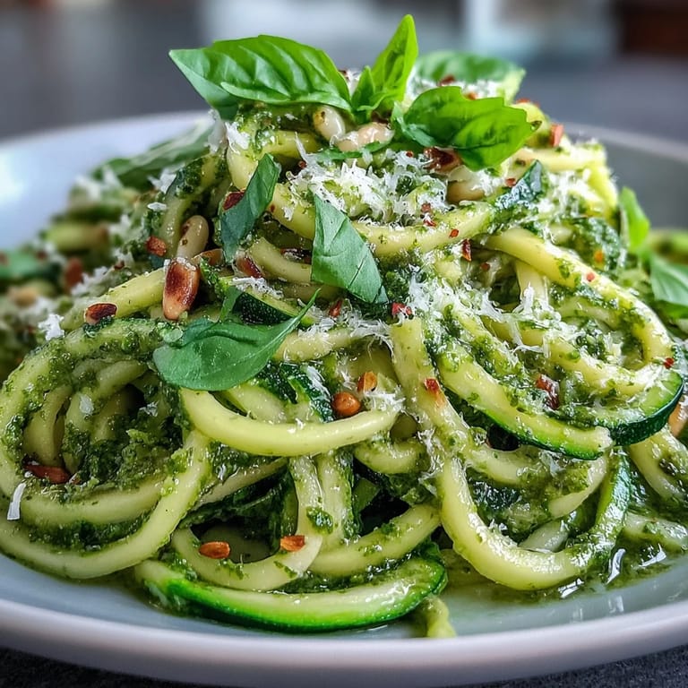 Freshly prepared Zucchini Noodles with Pesto plated with grated Parmesan and basil leaves, highlighting a quick, healthy, gluten-free dinner idea.