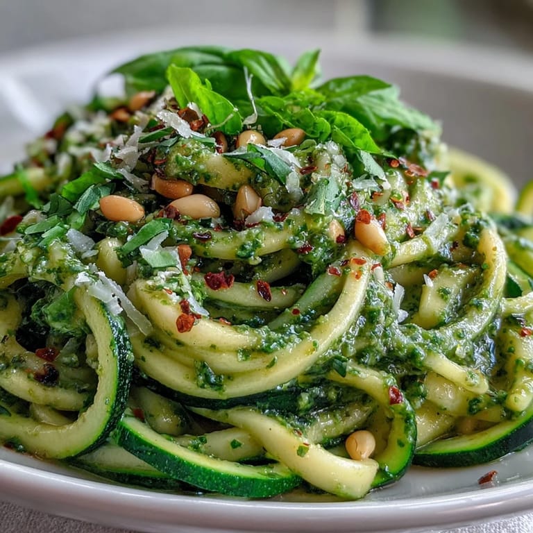 Homemade basil pesto blended in a food processor next to spiralized Zucchini Noodles with Pesto, showing fresh ingredients for an Italian-inspired dish.