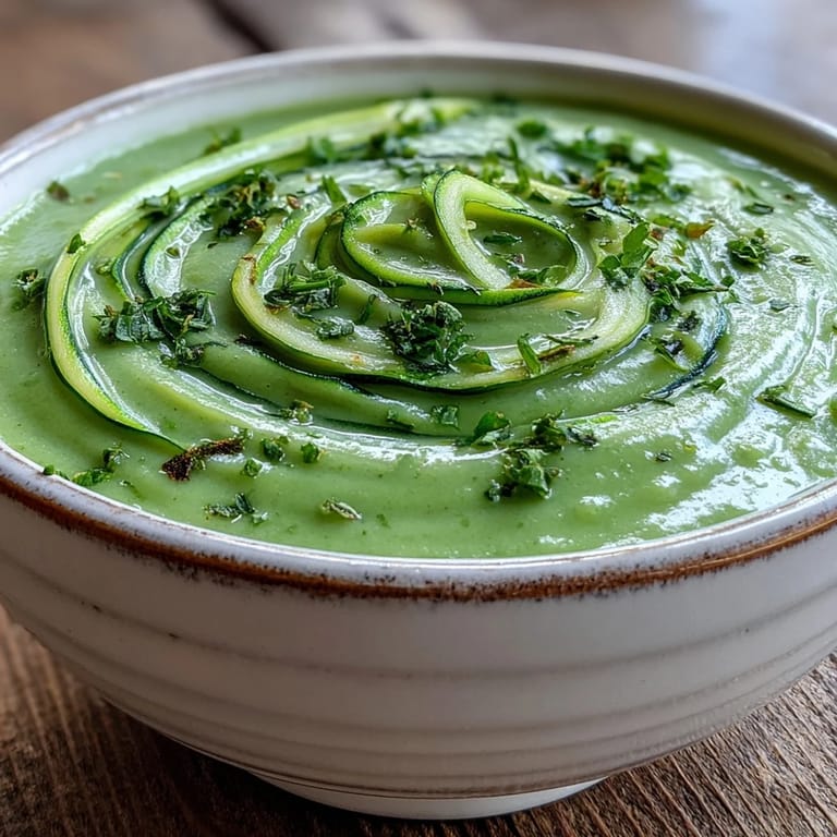 Silky Zucchini Soup blended until smooth, topped with fresh herbs and a drizzle of olive oil.