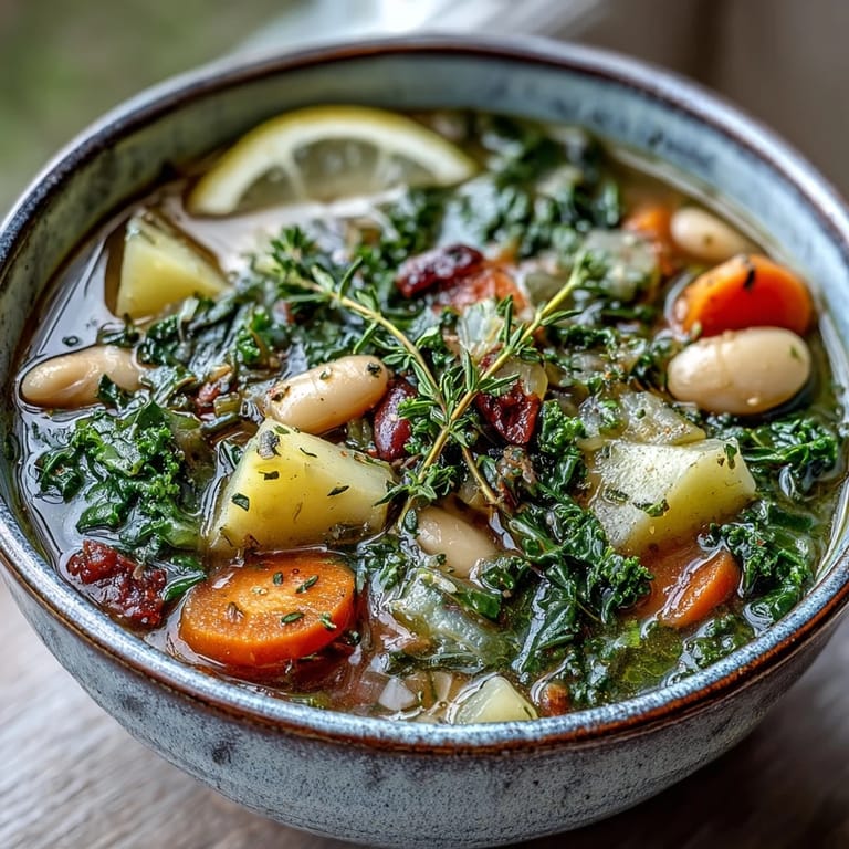 A warm, inviting bowl of homemade Kale Soup garnished with fresh thyme and a lemon wedge, served alongside crusty gluten-free bread.