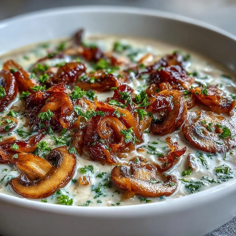 A ladle of creamy Mushroom Soup poured from a black pot, served with crusty bread alongside for a cozy, satisfying lunch.