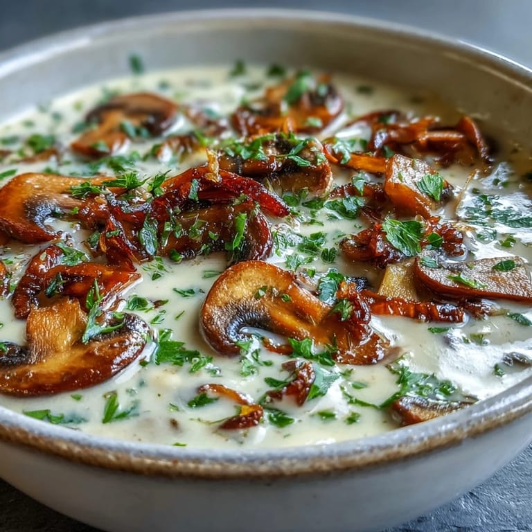 Hearty Mushroom Soup simmering in a pot with a bay leaf, showing a thick texture enriched with cream and earthy mushrooms.