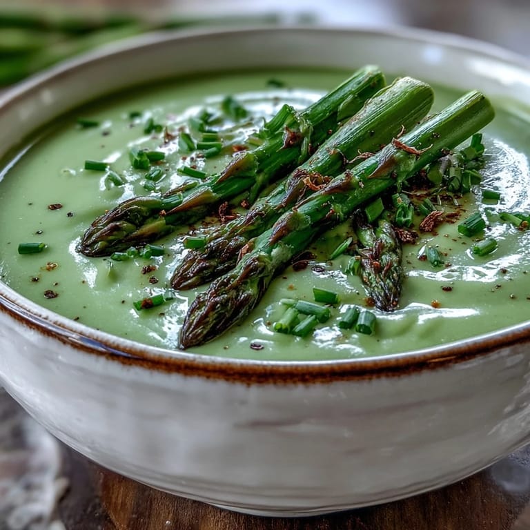 Freshly pureed Asparagus Soup with bright green hue and a drizzle of cream, perfect with crusty bread.