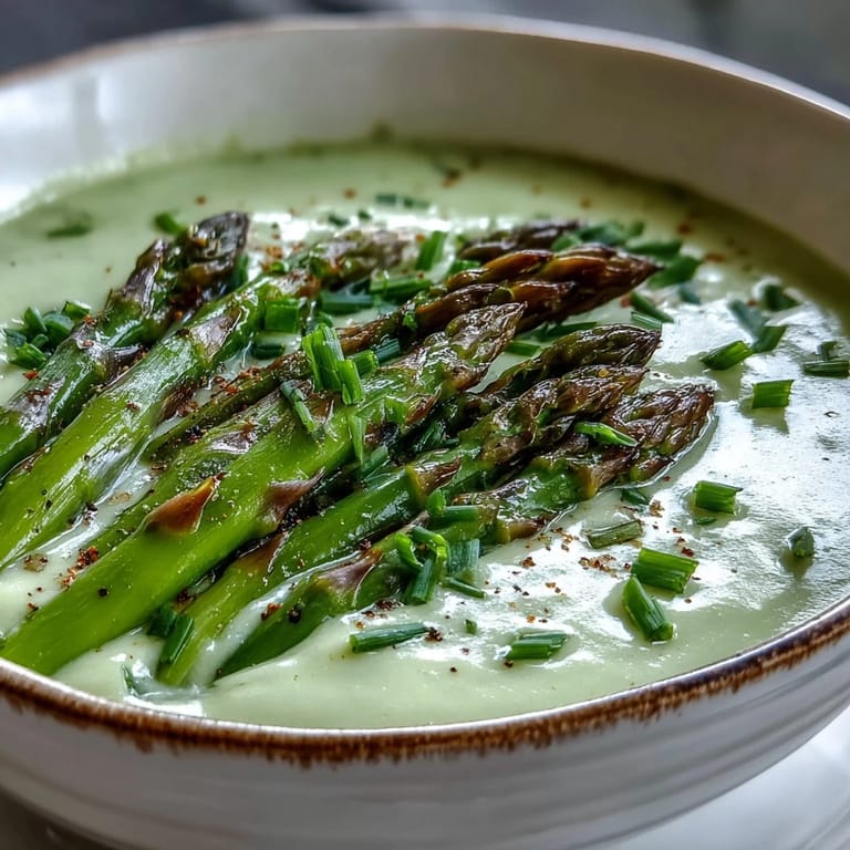 Elegant bowl of Asparagus Soup topped with tender asparagus tips, ideal for an easy vegetarian dinner.