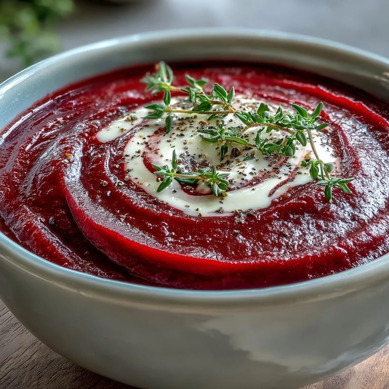 Deep red Roasted Beet Soup topped with goat cheese crumbles and toasted pumpkin seeds.