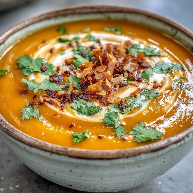 A close-up of velvety Carrot and Coconut Soup poured from a ladle into a rustic bowl.