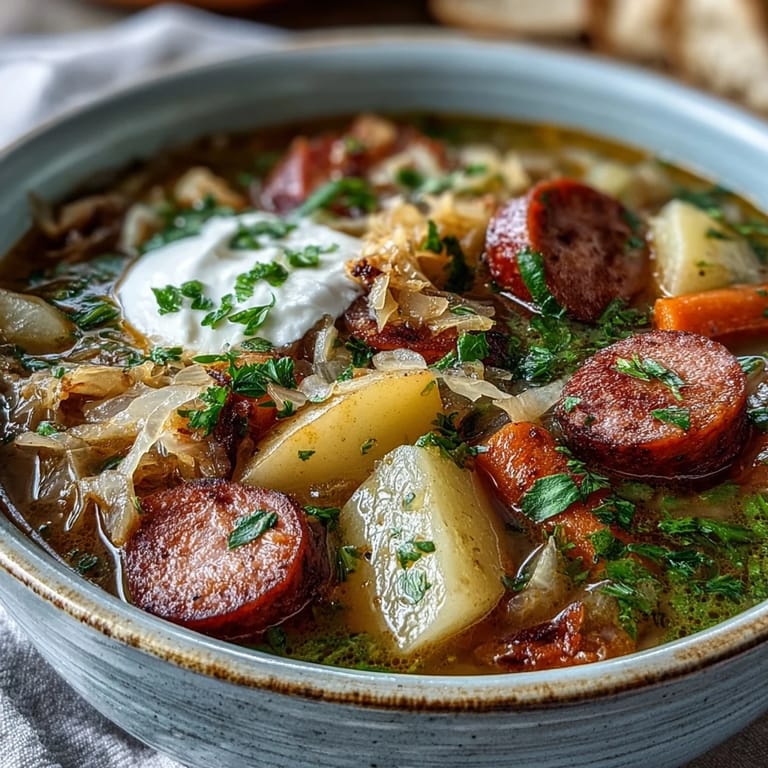 Spoon lifting a serving of savory Sauerkraut Soup topped with fresh herbs.