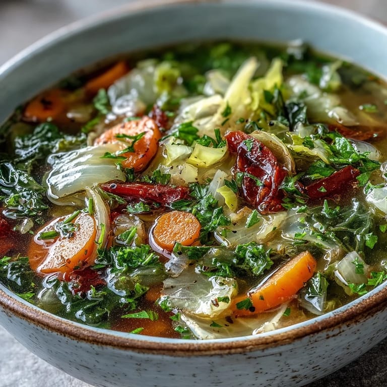 A close-up view of a warm bowl of cabbage soup garnished with parsley.