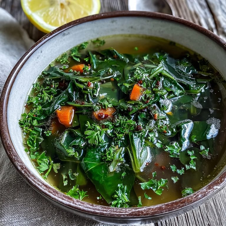 Tender Swiss chard leaves and diced vegetables simmer in a savory garlic broth, ready to enjoy as a cozy soup.