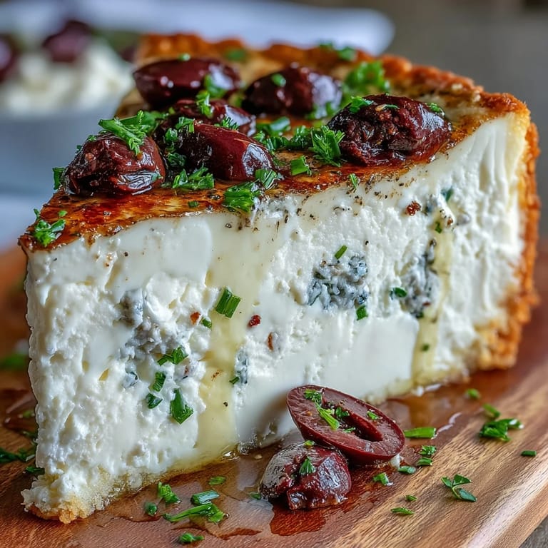 Smooth Kalamata cheesecake appetizer with a golden breadcrumb crust, garnished with olive slices and a light drizzle of extra virgin olive oil.