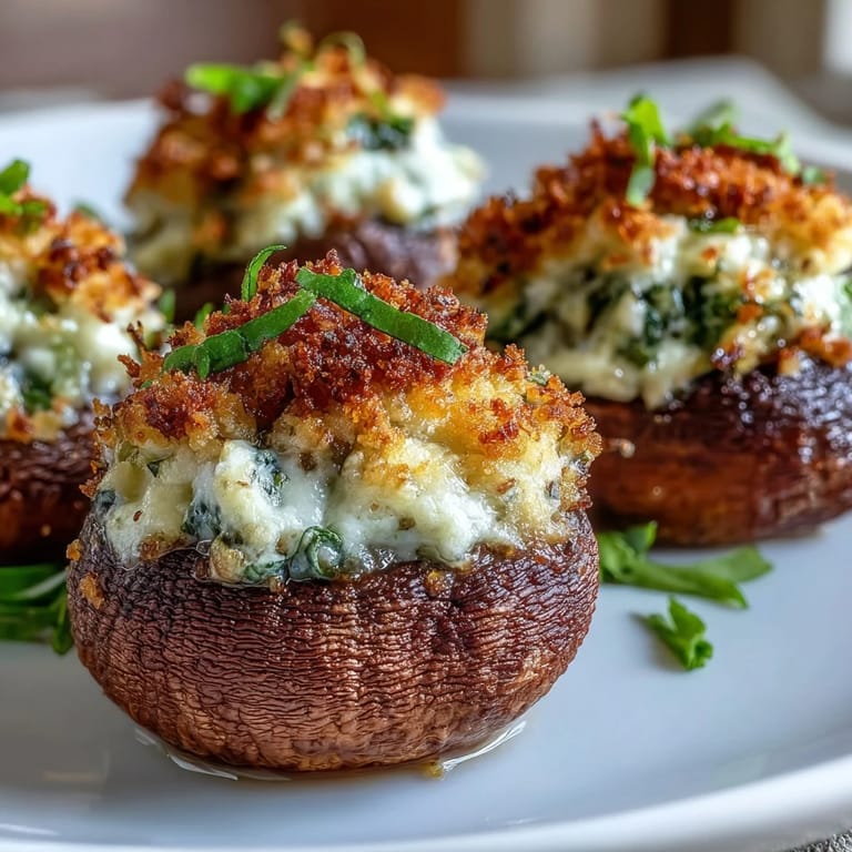 A platter of warm Stuffed Asiago-Basil Mushrooms garnished with parsley and ready to serve at a party.