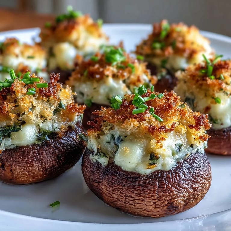 Close-up of savory Stuffed Asiago-Basil Mushrooms showing creamy filling in cremini caps on a dark plate.