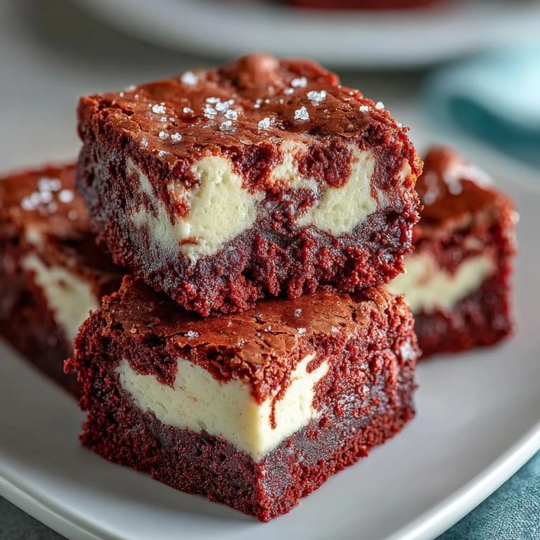 Decadent Red Velvet Cheesecake Brownies served on a white plate, highlighting the contrast between the dark cocoa and bright cheesecake.