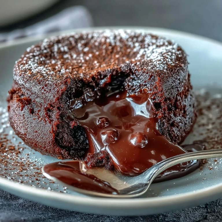 Golden Chocolate Lava Cakes with Espresso in ramekins, their gooey dark chocolate center oozing onto a dessert plate.