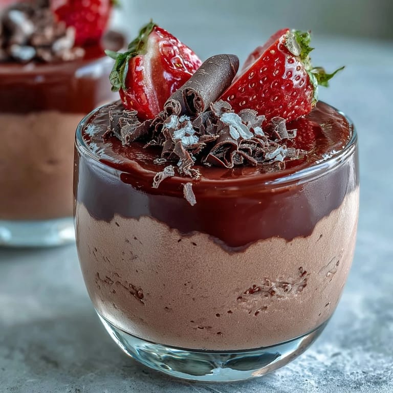 Layered Chocolate-Covered Strawberry Mousse with rich ganache, ready to serve with mint.