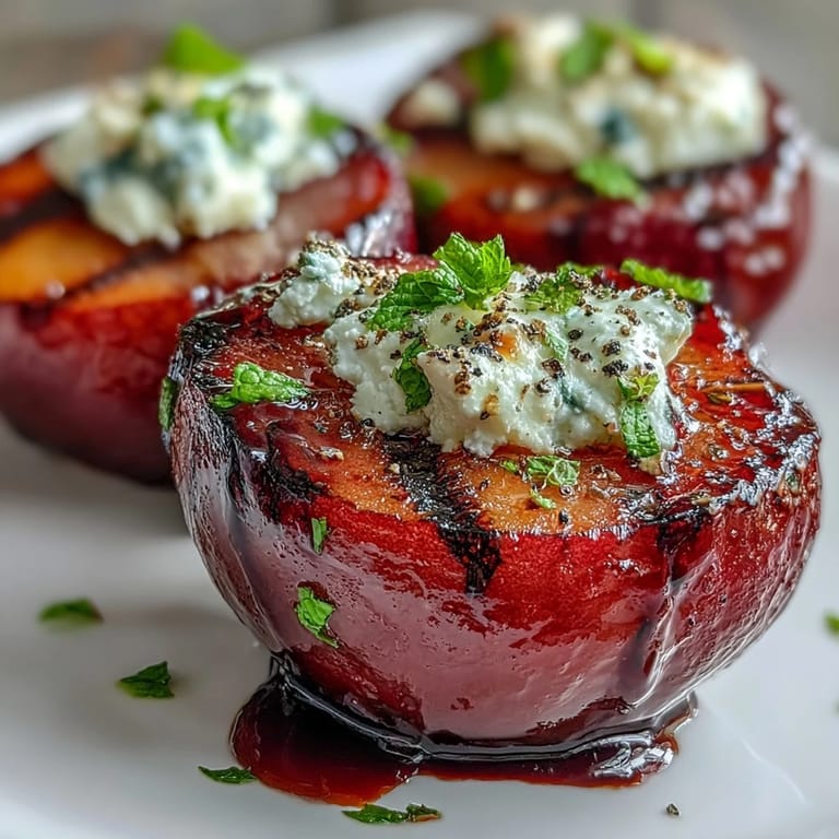 Four grilled plum halves topped with goat cheese and fresh mint on a rustic board.