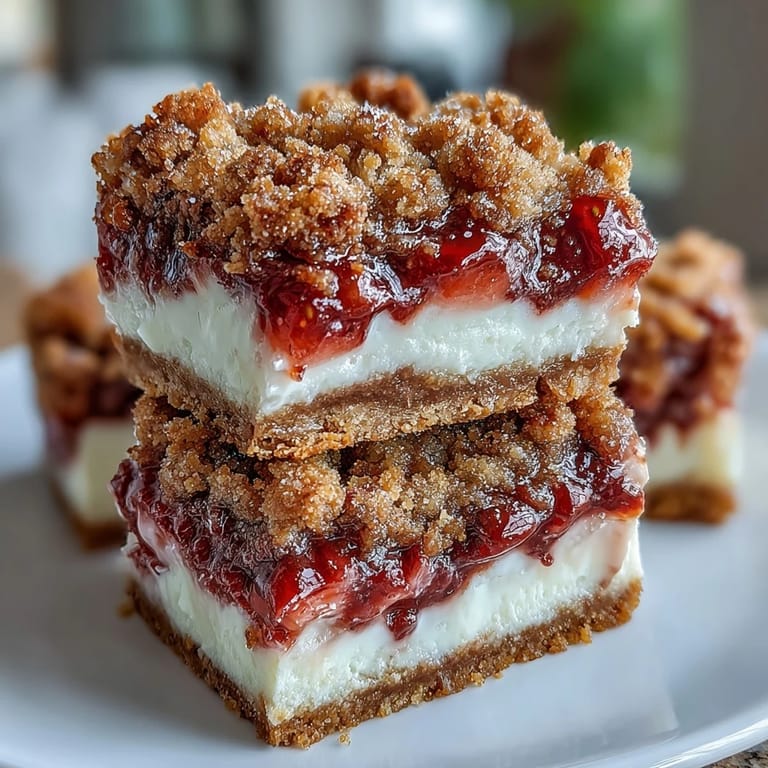 Homemade Strawberry Cheesecake Bars layered over a buttery crust, with bright red strawberries and crumbly topping.