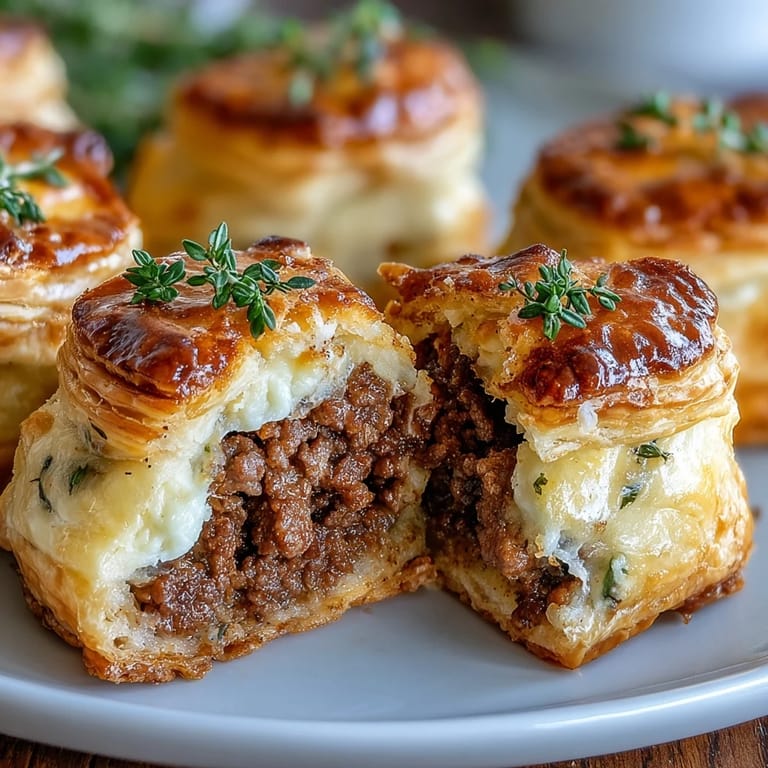Close-up view reveals the flaky crust and spiced ground beef filling inside Mini Beef Tourtières.
