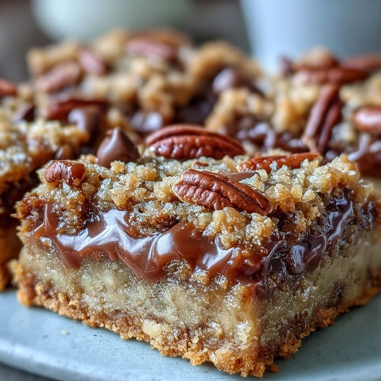 These layered turtle bars feature toasted oats, melted chocolate, and rich caramel, perfect for a sweet dessert treat on a marble counter.