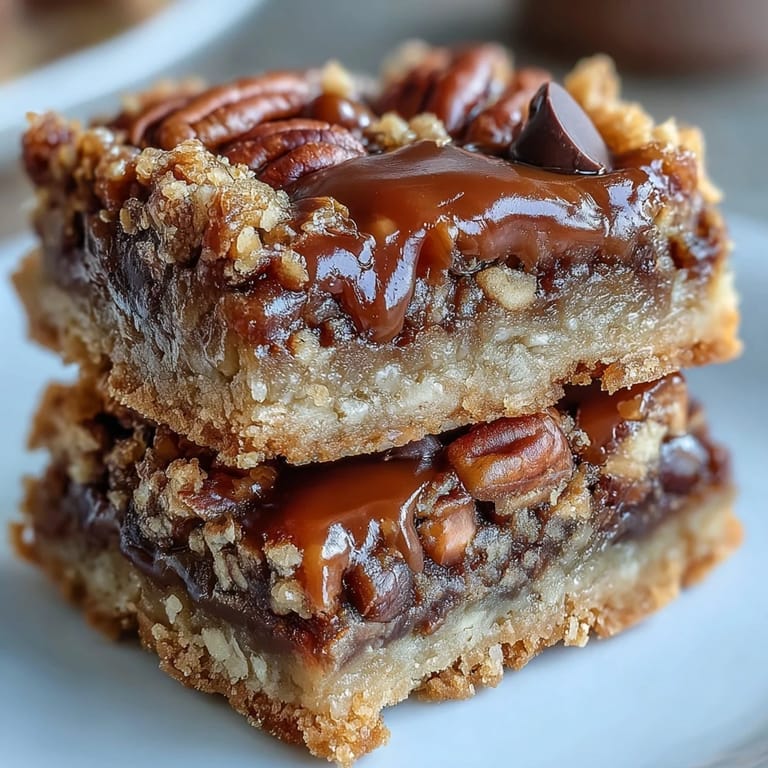 Freshly baked Decadent Sweet and Chewy Turtle Bars showcase a buttery crumb topping and toasted pecans, ideal for serving on a cooling rack.