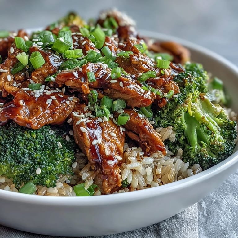 Overhead view of a serving of Sweet and Spicy Turkey Broccoli Bowls, topped with fresh green onions and sesame seeds for added texture and flavor.