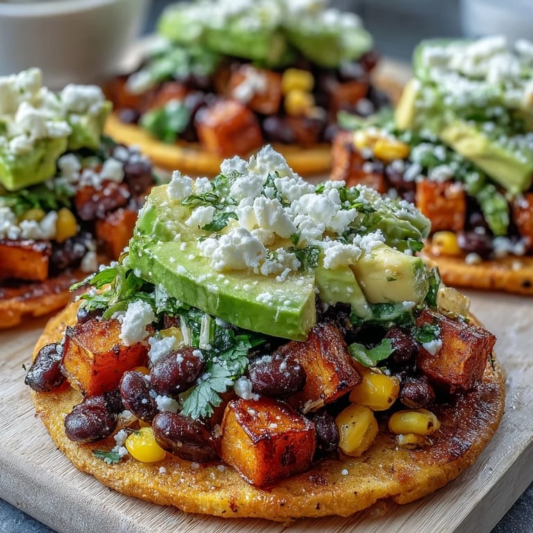 A close-up view of assembled Black Bean and Sweet Potato Tostadas, featuring caramelized sweet potatoes, lime-seasoned beans, and crumbled feta cheese.